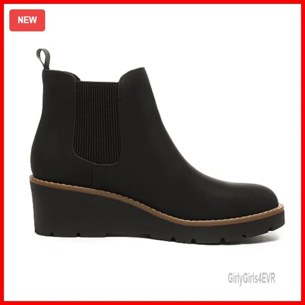 Leather Chelsea Wedge Ankle Boots Slip On Lug Sole Platform Casual